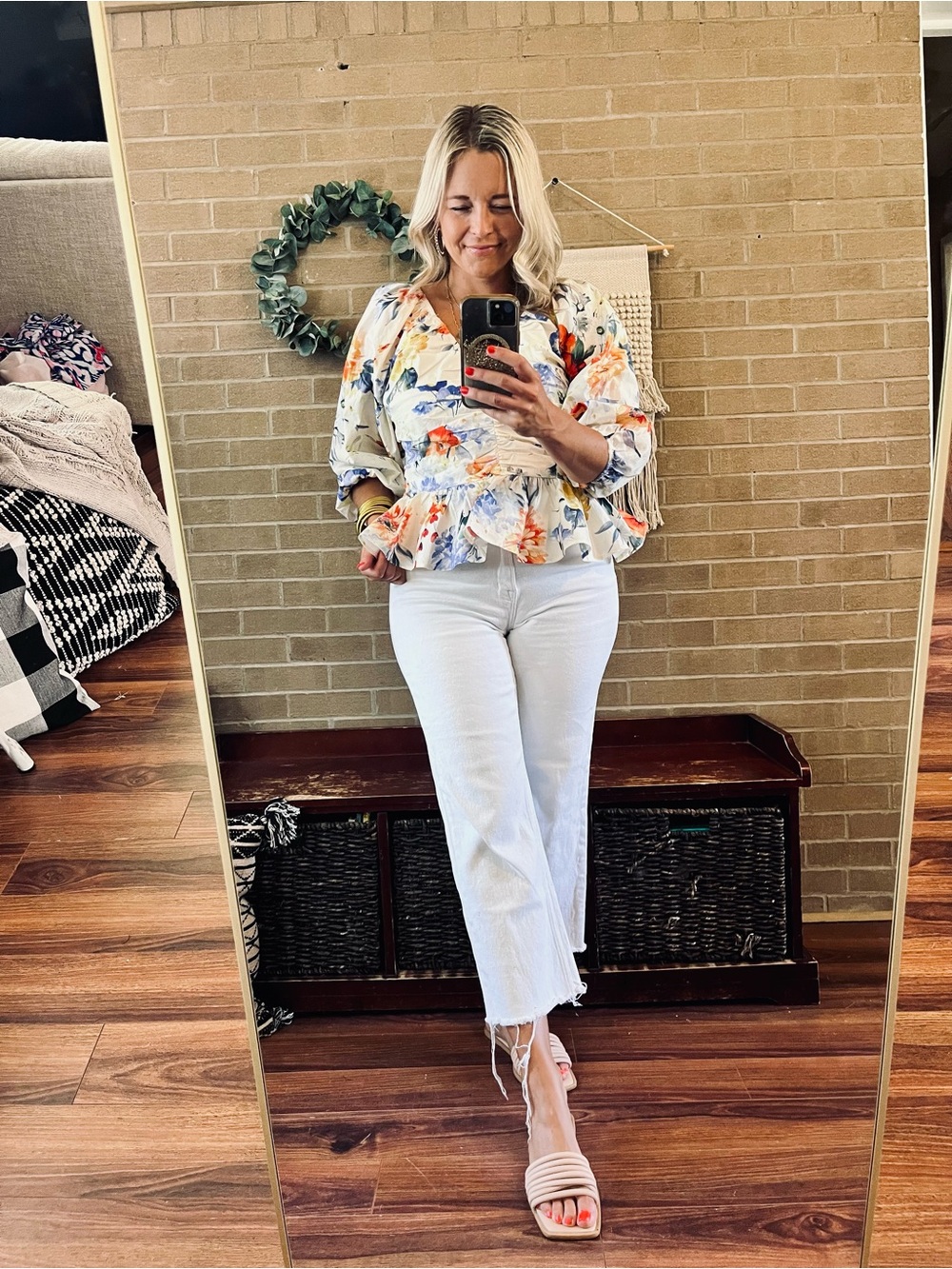 Express Floral V-Neck Peplum Blouse in White with Blue, Yellow & Red Flowers